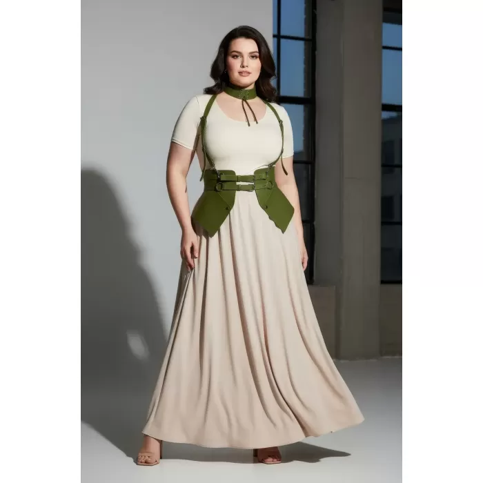 Büyük Beden Haki Kadın Kemer Omuz Askılı Deri Korse Tarzı - APFT622