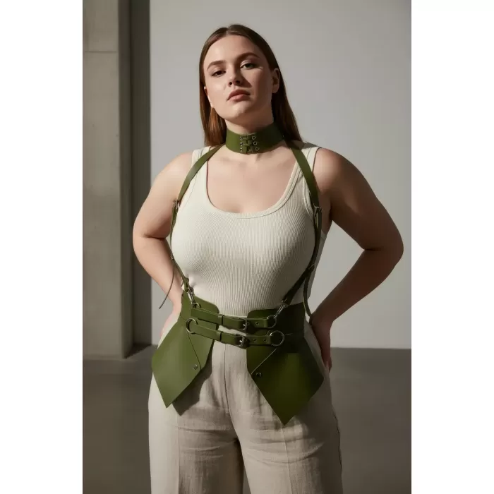 Büyük Beden Haki Kadın Kemer Omuz Askılı Deri Korse Tarzı - APFT622
