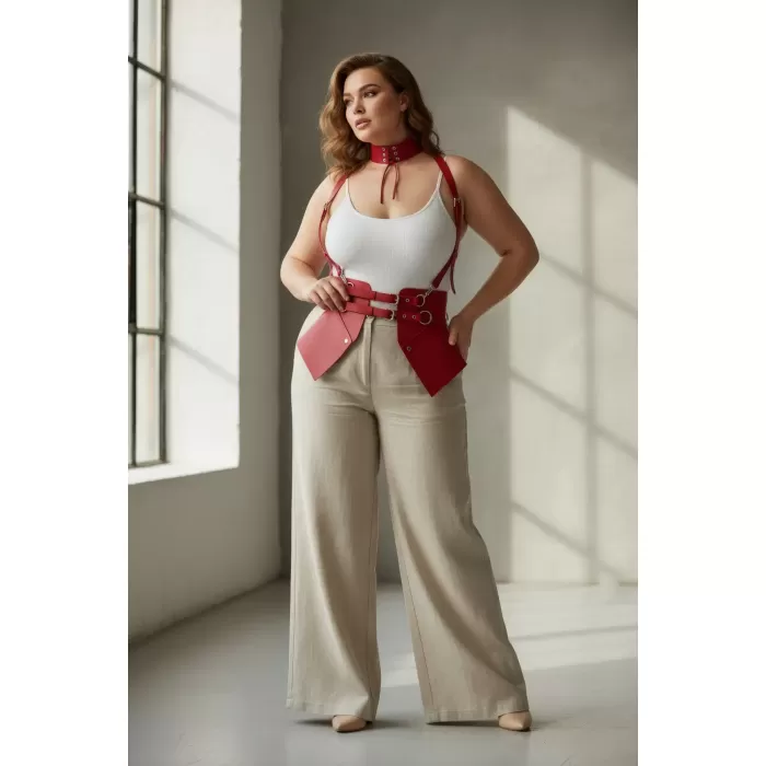 Büyük Beden Kırmızı Kadın Kemer Korse Tasarımlı Askılı Harness Detaylı - APFT622