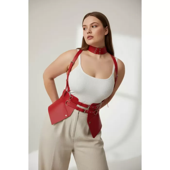 Büyük Beden Kırmızı Kadın Kemer Korse Tasarımlı Askılı Harness Detaylı - APFT622
