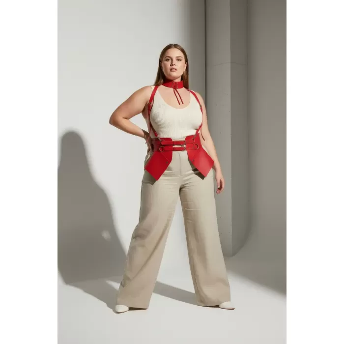 Büyük Beden Kırmızı Kadın Kemer Korse Tasarımlı Askılı Harness Detaylı - APFT622