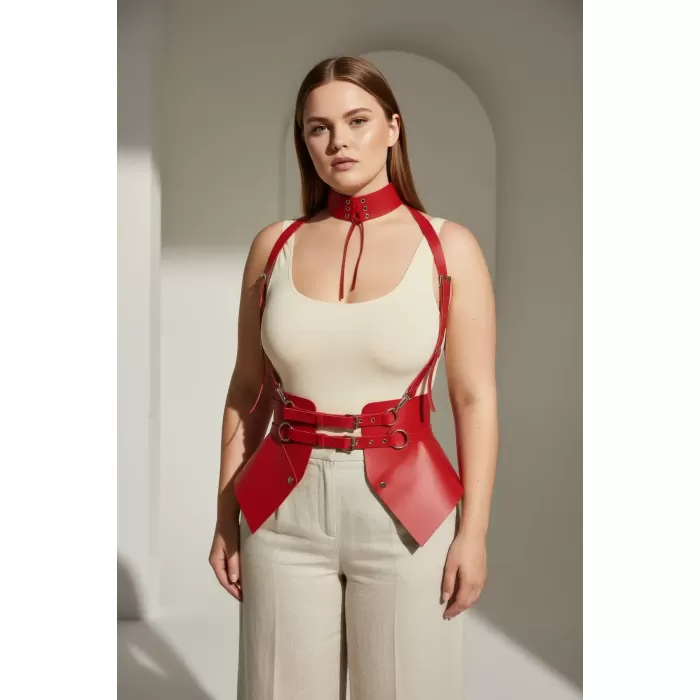 Büyük Beden Kırmızı Kadın Kemer Korse Tasarımlı Askılı Harness Detaylı - APFT622