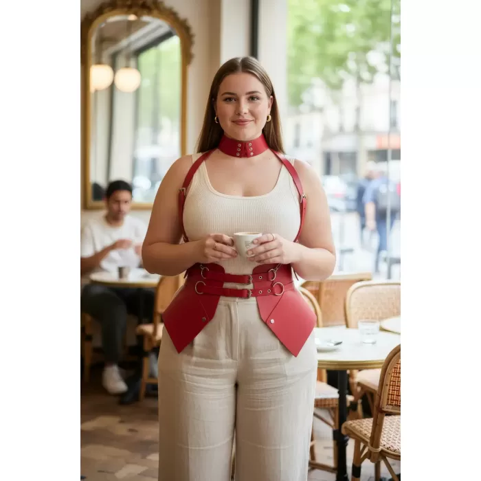 Büyük Beden Kırmızı Kadın Kemer Korse Tasarımlı Askılı Harness Detaylı - APFT622