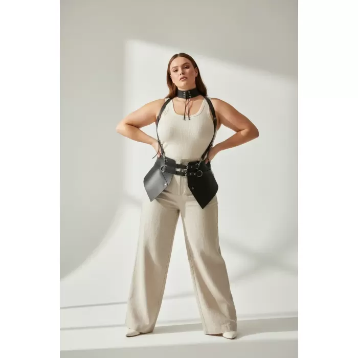 Büyük Beden Siyah Kadın Deri Kemer Boyun Bağlantılı Korse Harness - APFT622