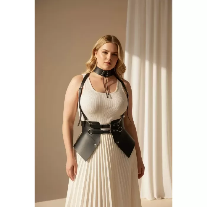 Büyük Beden Siyah Kadın Deri Kemer Boyun Bağlantılı Korse Harness - APFT622