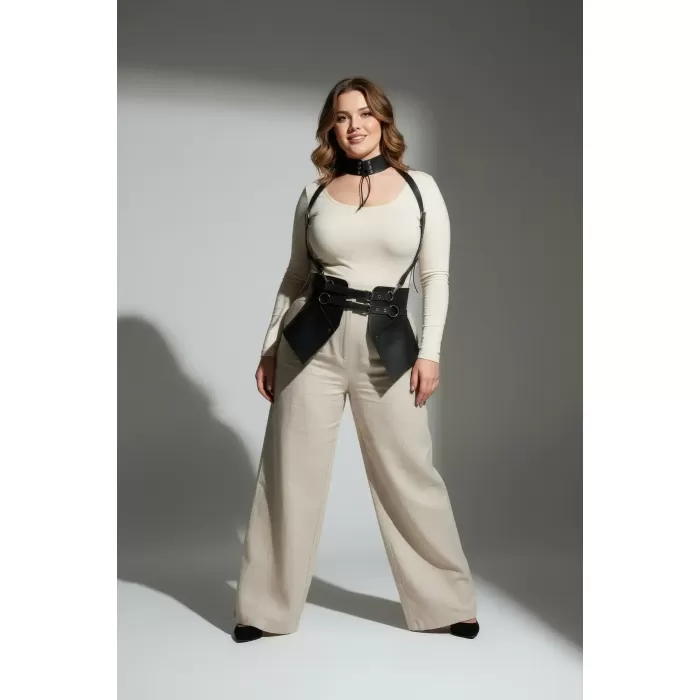 Büyük Beden Siyah Kadın Deri Kemer Boyun Bağlantılı Korse Harness - APFT622