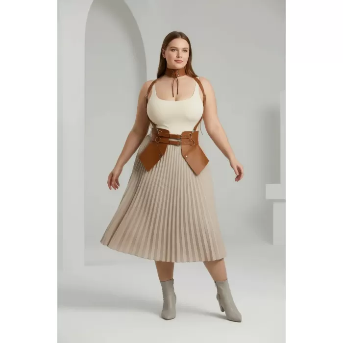 Büyük Beden Taba Kadın Deri Korse Kemer Askılı Vücut Aksesuarı - APFT622