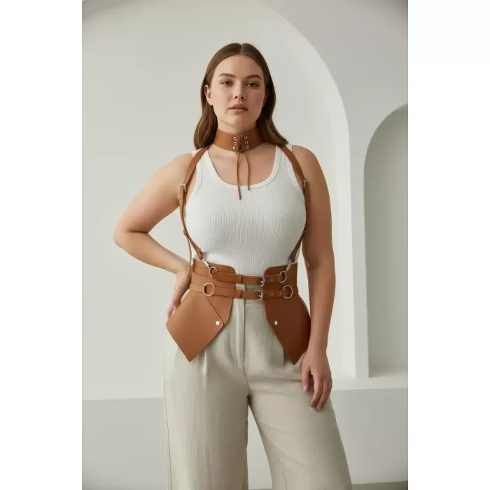 Büyük Beden Taba Kadın Deri Korse Kemer Askılı Vücut Aksesuarı - APFT622