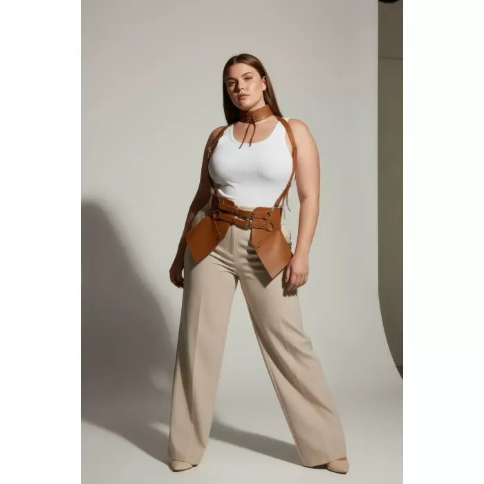 Büyük Beden Taba Kadın Deri Korse Kemer Askılı Vücut Aksesuarı - APFT622