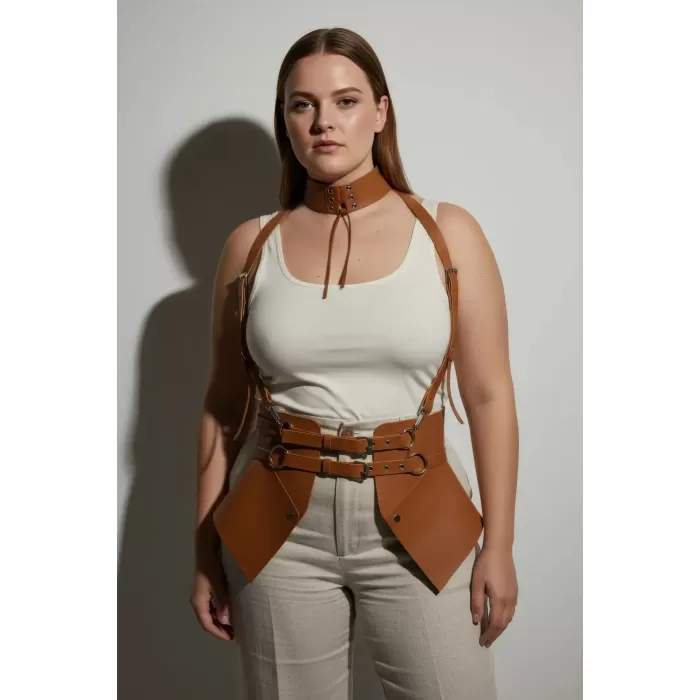 Büyük Beden Taba Kadın Deri Korse Kemer Askılı Vücut Aksesuarı - APFT622
