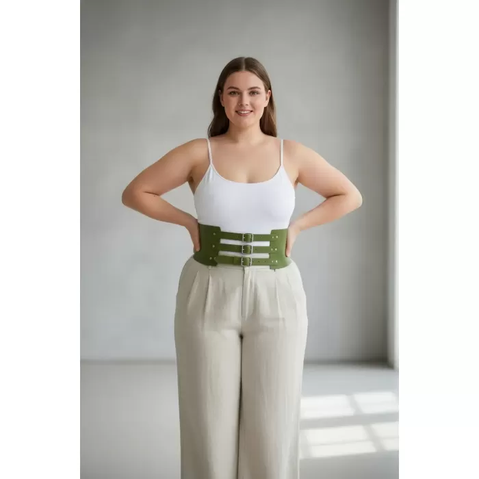 Büyük Beden Haki Kadın Kemer Korse Stil Üç Tokalı Geniş Deri - APFT624