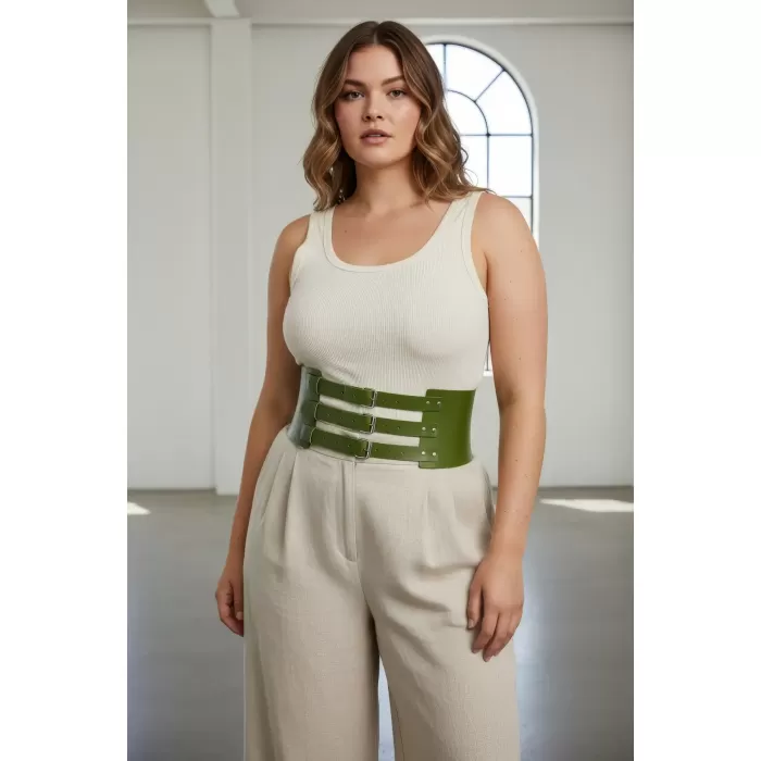 Büyük Beden Haki Kadın Kemer Korse Stil Üç Tokalı Geniş Deri - APFT624