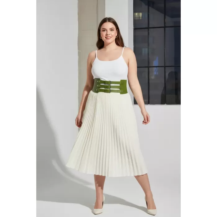 Büyük Beden Haki Kadın Kemer Korse Stil Üç Tokalı Geniş Deri - APFT624