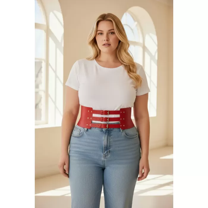 Büyük Beden Kırmızı Kadın Kemer Üç Tokalı Kalın Korse Detaylı - APFT624