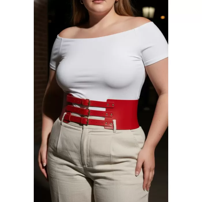 Büyük Beden Kırmızı Kadın Kemer Üç Tokalı Kalın Korse Detaylı - APFT624