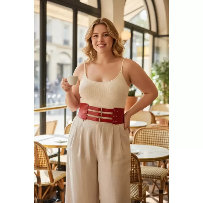 Büyük Beden Kırmızı Kadın Kemer Üç Tokalı Kalın Korse Detaylı - APFT624