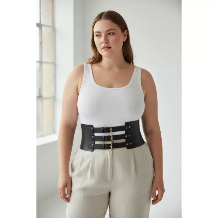 Büyük Beden Siyah Kadın Korse Kemer Üç Tokalı Geniş Bel Şekillendirici - APFT624