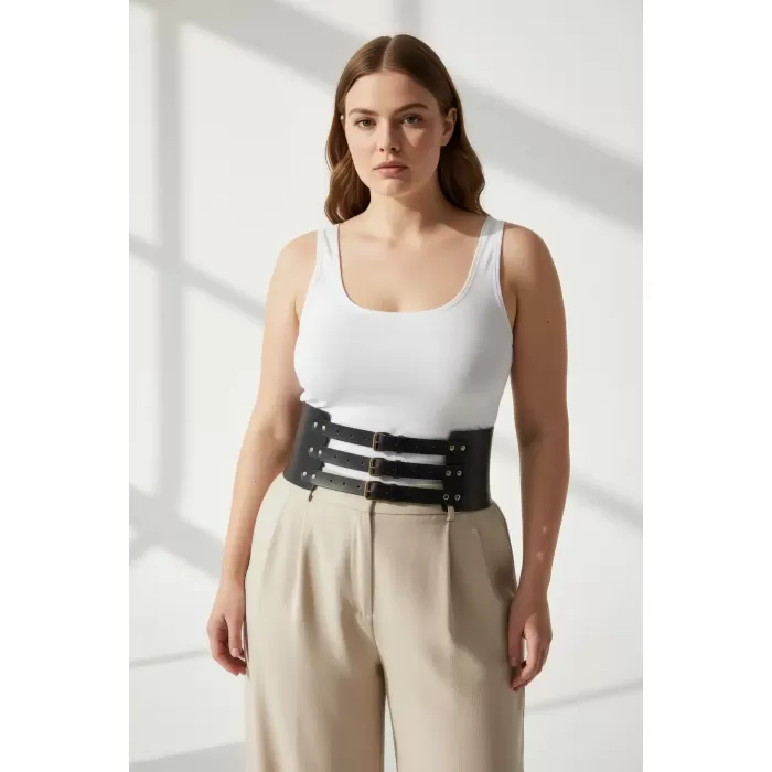 Büyük Beden Siyah Kadın Korse Kemer Üç Tokalı Geniş Bel Şekillendirici - APFT624