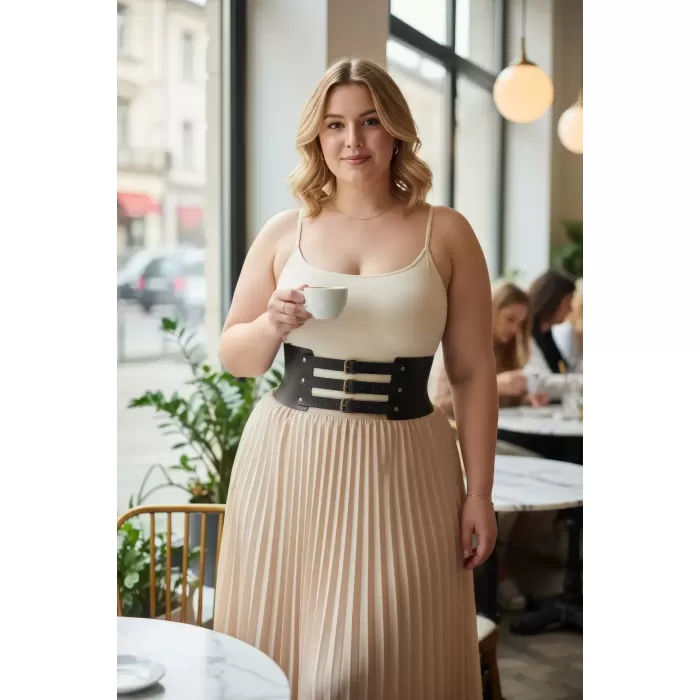 Büyük Beden Siyah Kadın Korse Kemer Üç Tokalı Geniş Bel Şekillendirici - APFT624