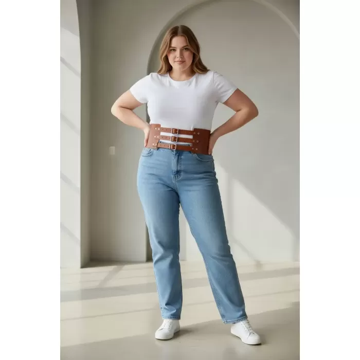 Büyük Beden Taba Kadın Kemer Üç Tokalı Korse Stil Bel Vurgulayıcı - APFT624