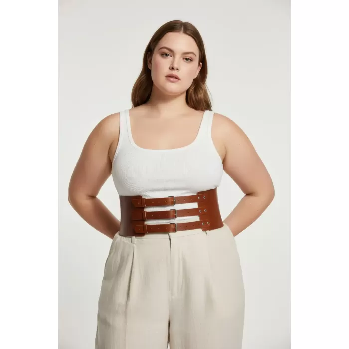 Büyük Beden Taba Kadın Kemer Üç Tokalı Korse Stil Bel Vurgulayıcı - APFT624