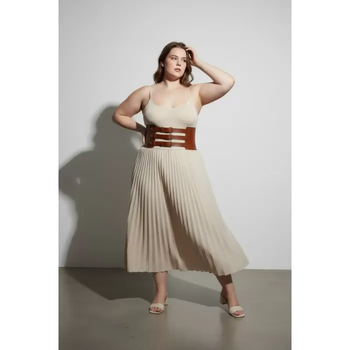 Büyük Beden Taba Kadın Kemer Üç Tokalı Korse Stil Bel Vurgulayıcı - APFT624