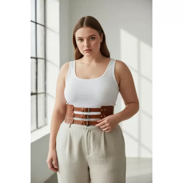 Büyük Beden Taba Kadın Kemer Üç Tokalı Korse Stil Bel Vurgulayıcı - APFT624