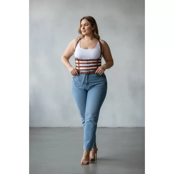 Büyük Beden Taba Kadın Kemer Zincir Detaylı Korse Tarzı Deri Harness - APFT626