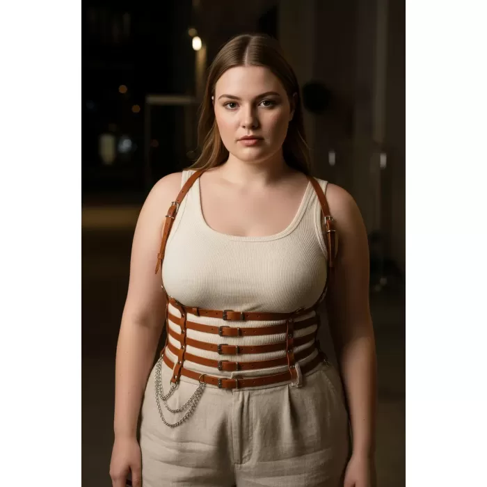 Büyük Beden Taba Kadın Kemer Zincir Detaylı Korse Tarzı Deri Harness - APFT626