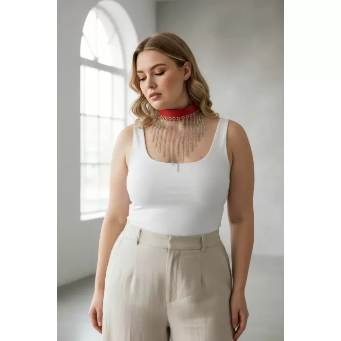 Büyük Beden Kırmızı Kadın Deri Kemer Zincir Püskül Detaylı Şık Aksesuar - APFT629