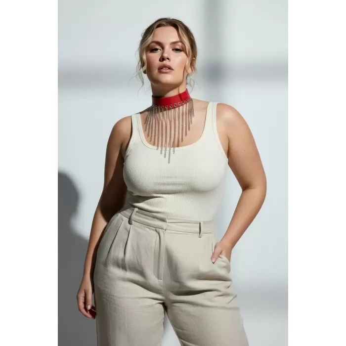 Büyük Beden Kırmızı Kadın Deri Kemer Zincir Püskül Detaylı Şık Aksesuar - APFT629