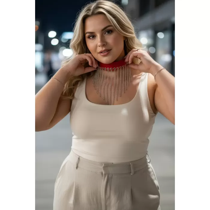 Büyük Beden Kırmızı Kadın Deri Kemer Zincir Püskül Detaylı Şık Aksesuar - APFT629