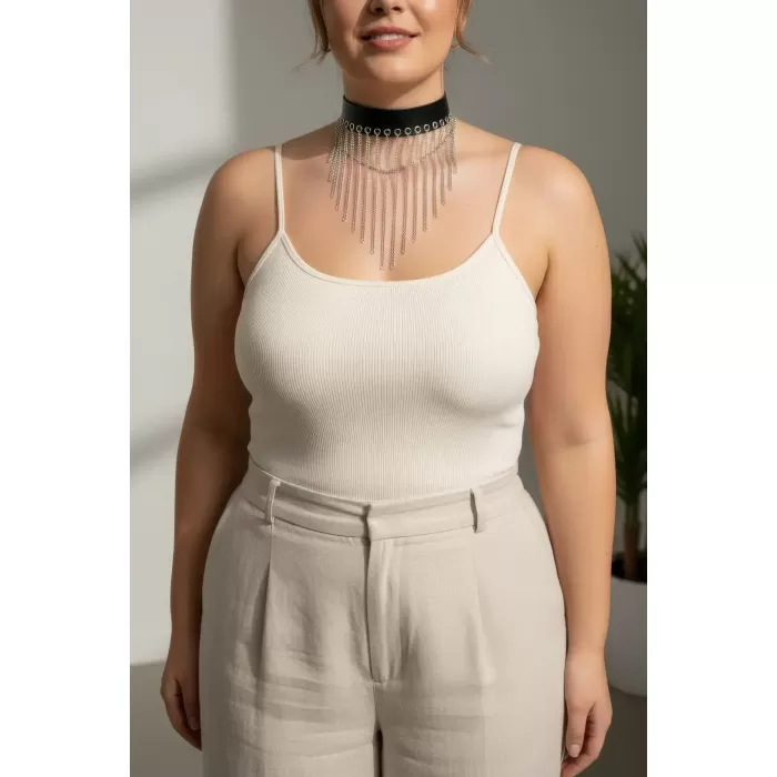 Büyük Beden Siyah Kadın Kemer Zincir Detaylı Maksimalist Tasarım - APFT629