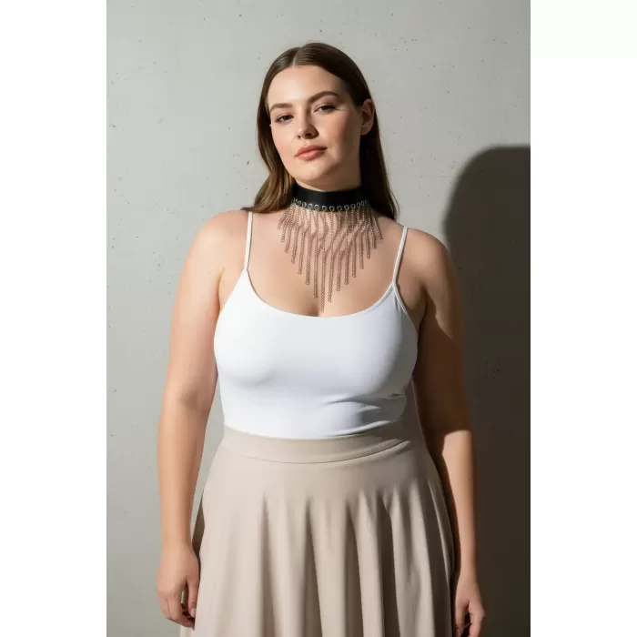 Büyük Beden Siyah Kadın Kemer Zincir Detaylı Maksimalist Tasarım - APFT629