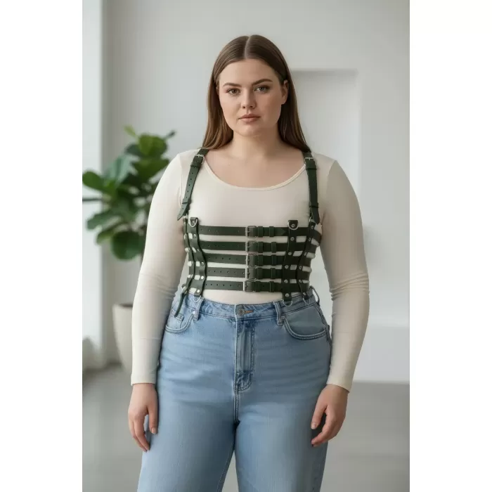 Büyük Beden Haki Kadın Kemer Omuz Askılı Deri Korse Stil Geniş Aksesuar - APFT630