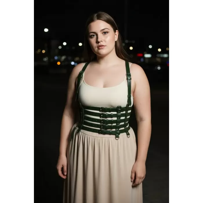 Büyük Beden Haki Kadın Kemer Omuz Askılı Deri Korse Stil Geniş Aksesuar - APFT630