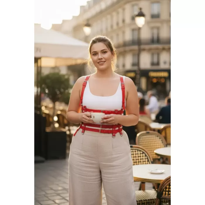 Büyük Beden Kırmızı Kadın Kemer, Çoklu Askılı Deri Vücut Kuşağı - APFT630