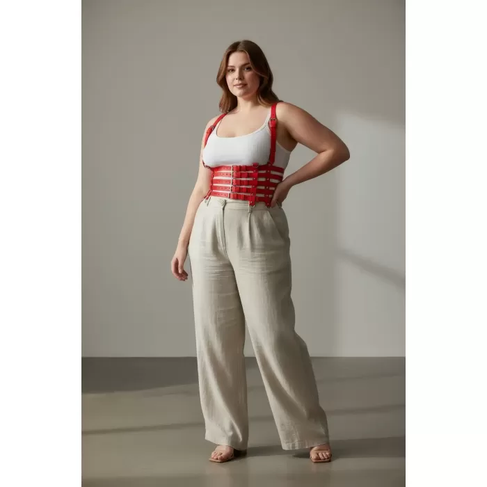 Büyük Beden Kırmızı Kadın Kemer, Çoklu Askılı Deri Vücut Kuşağı - APFT630