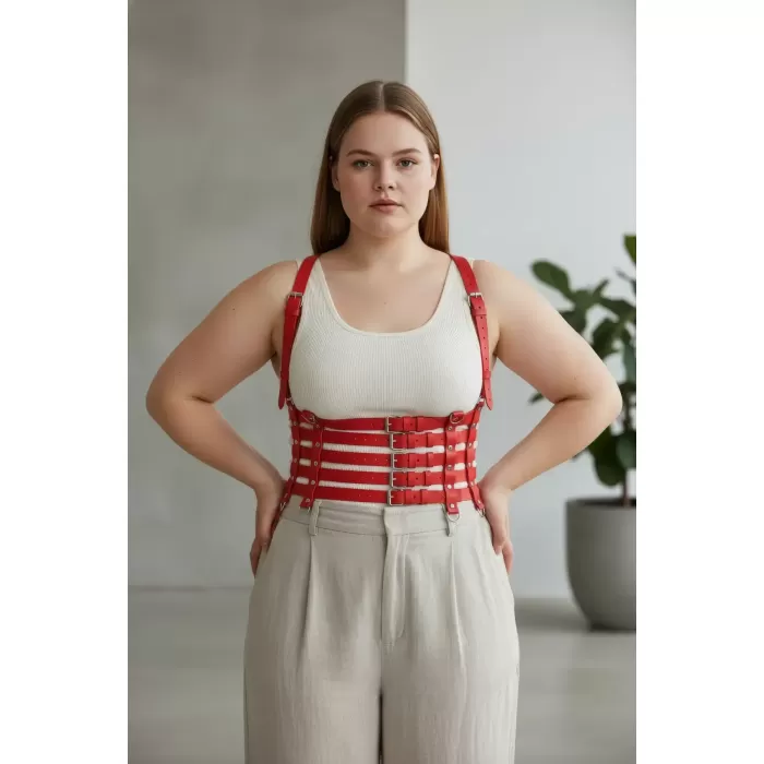 Büyük Beden Kırmızı Kadın Kemer, Çoklu Askılı Deri Vücut Kuşağı - APFT630