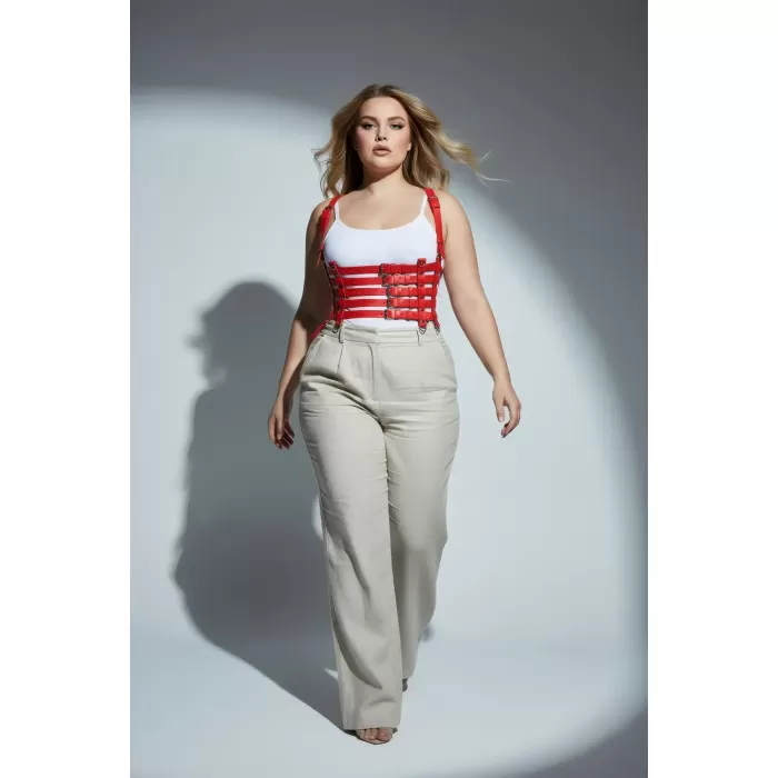 Büyük Beden Kırmızı Kadın Kemer, Çoklu Askılı Deri Vücut Kuşağı - APFT630