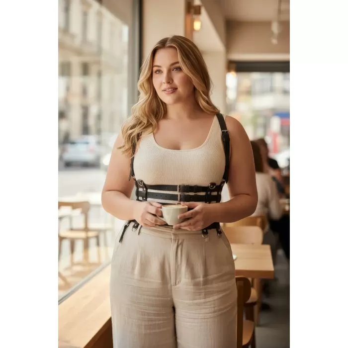 Büyük Beden Siyah Kadın Kemer Deri Body Harness Korse Stil - APFT630