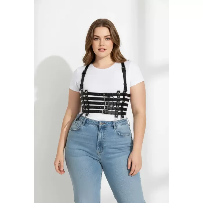 Büyük Beden Siyah Kadın Kemer Deri Body Harness Korse Stil - APFT630