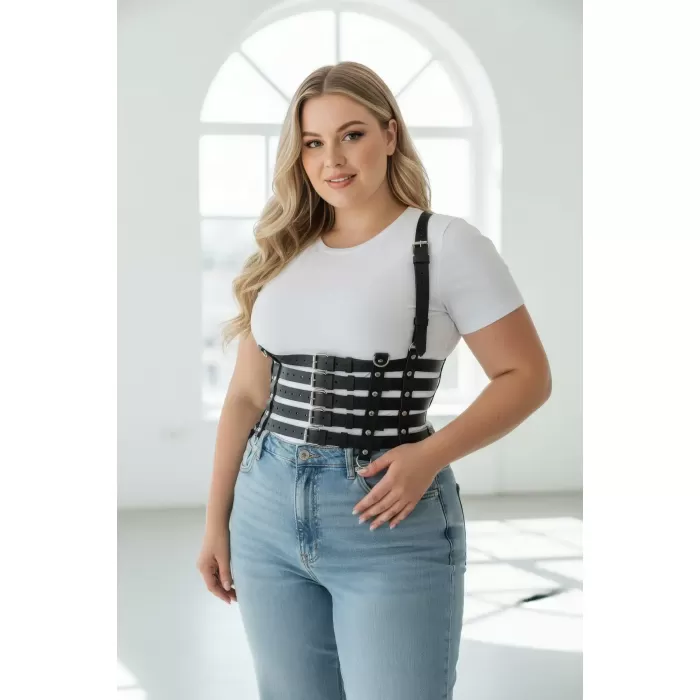 Büyük Beden Siyah Kadın Kemer Deri Body Harness Korse Stil - APFT630