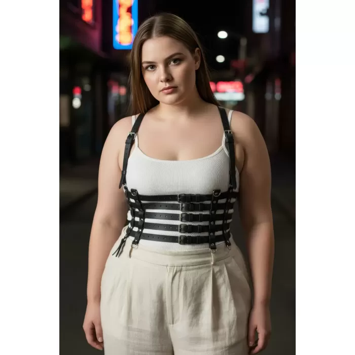 Büyük Beden Siyah Kadın Kemer Deri Body Harness Korse Stil - APFT630