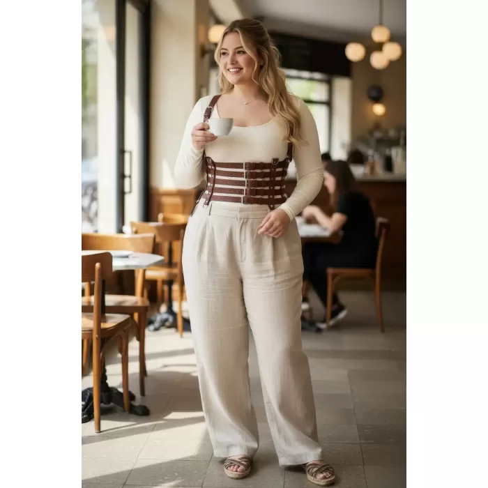 Büyük Beden Taba Kadın Kemer, Korsaj Stil Çoklu Kayışlı Deri Kombin Tamamlayıcı - APFT630