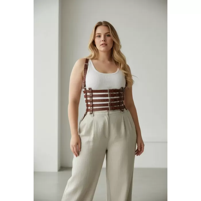 Büyük Beden Taba Kadın Kemer, Korsaj Stil Çoklu Kayışlı Deri Kombin Tamamlayıcı - APFT630