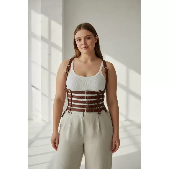 Büyük Beden Taba Kadın Kemer, Korsaj Stil Çoklu Kayışlı Deri Kombin Tamamlayıcı - APFT630