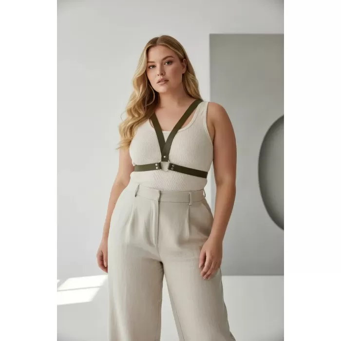 Büyük Beden Haki Kadın Kemer Deri Harness Halka Detaylı Vücut Aksesuarı - APFT633