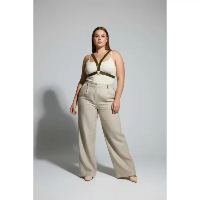 Büyük Beden Haki Kadın Kemer Deri Harness Halka Detaylı Vücut Aksesuarı - APFT633