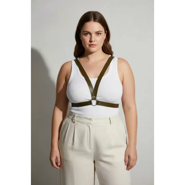 Büyük Beden Haki Kadın Kemer Deri Harness Halka Detaylı Vücut Aksesuarı - APFT633